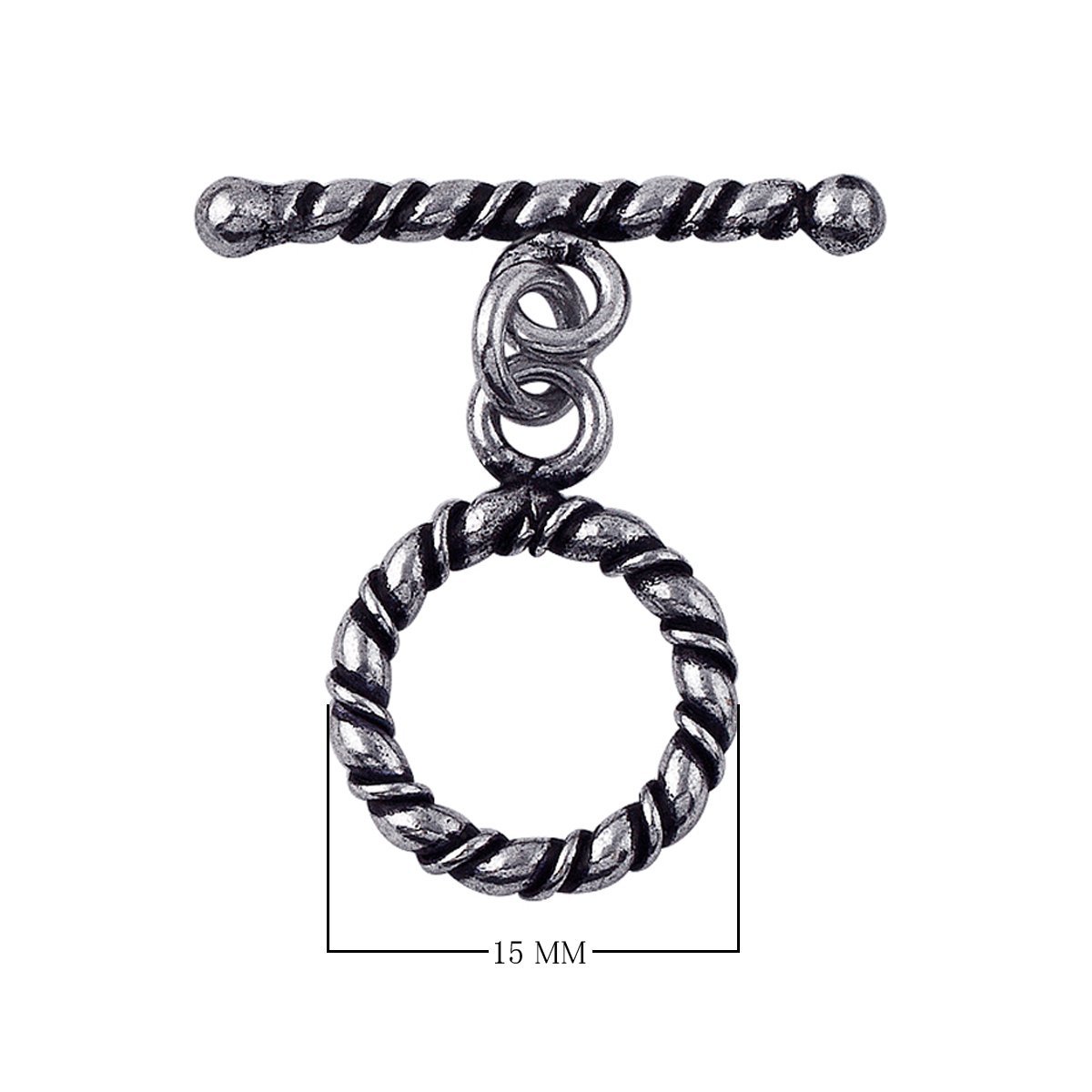 Decorative Silver Overlay toggle clasp with twisted rope bar and circular loop, oxidized finish, artisan jewelry fastener for bracelets and necklaces.