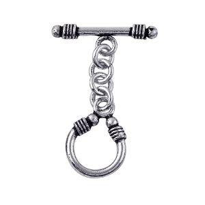 Decorative Silver Overlay toggle clasp with bar, chain link connector, and U-shaped ring, oxidized finish, artisan jewelry fastener for bracelets and necklaces.