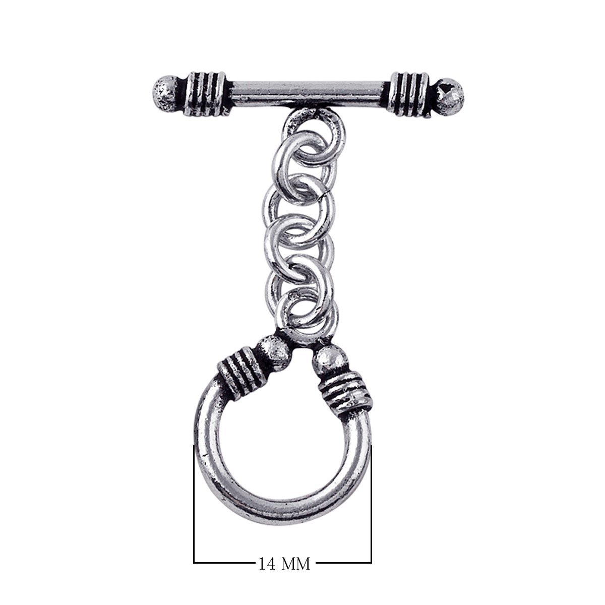 Decorative Silver Overlay toggle clasp with bar, chain link connector, and U-shaped ring, oxidized finish, artisan jewelry fastener for bracelets and necklaces.