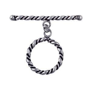 Decorative Silver Overlay toggle clasp with twisted bar and rope-textured circular loop, oxidized finish, artisan jewelry fastener for bracelets and necklaces.