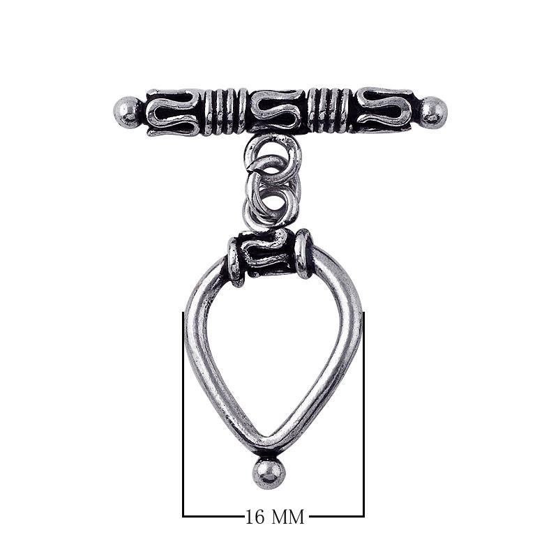 Bulk Silver Overlay teardrop toggle fastener with decorative bar, wholesale Bali jewelry finding for bracelets and necklaces.