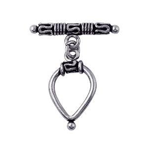 Bulk Silver Overlay teardrop toggle fastener with decorative bar, wholesale Bali jewelry finding for bracelets and necklaces.