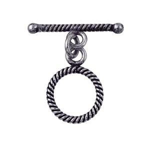 Antique Silver Overlay rope toggle clasp with twisted ring and textured bar, handcrafted Bali jewelry closure for bracelets and necklaces.