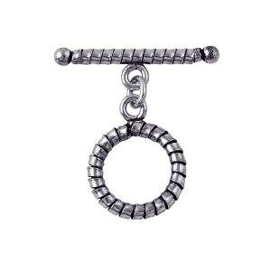 Antique Silver Overlay ridged toggle clasp with circular ring and textured bar, handcrafted Bali jewelry closure for necklaces and bracelets.