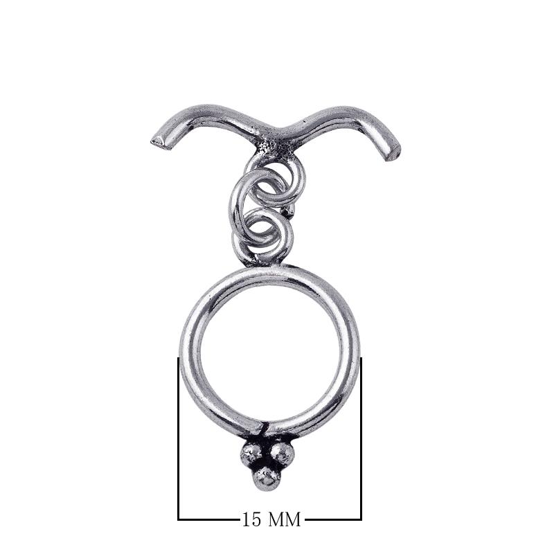 Handcrafted Antique Silver Overlay toggle clasp with curved V-bar and beaded ring, Bali jewelry closure for necklaces and bracelets.