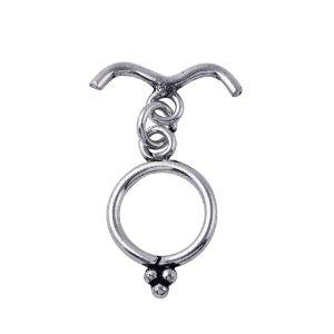 Handcrafted Antique Silver Overlay toggle clasp with curved V-bar and beaded ring, Bali jewelry closure for necklaces and bracelets.