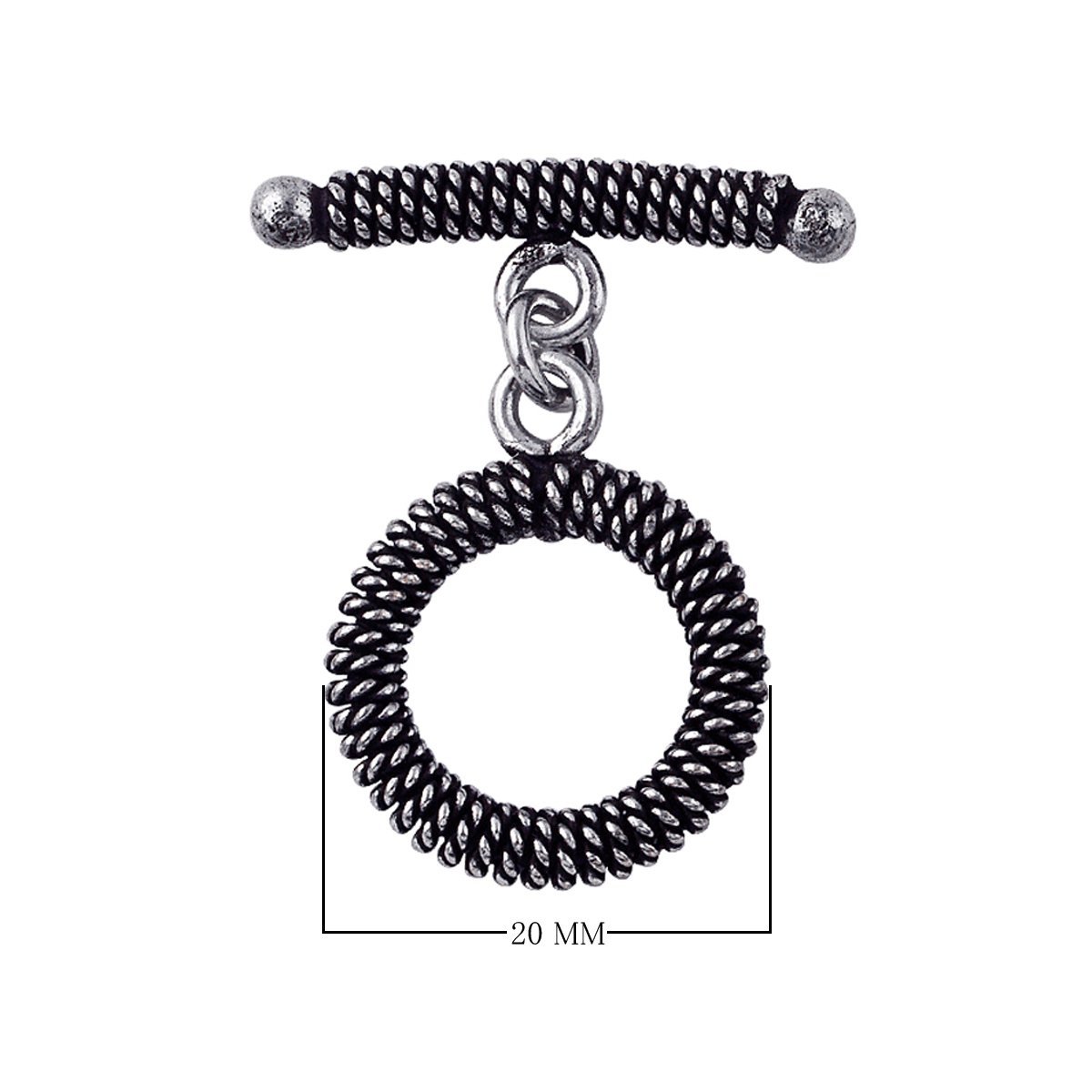 Handcrafted Antique Silver Overlay spiral toggle clasp with wire-wrapped ring and textured bar, Bali jewelry closure for necklaces and bracelets.