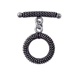 Handcrafted Antique Silver Overlay spiral toggle clasp with wire-wrapped ring and textured bar, Bali jewelry closure for necklaces and bracelets.