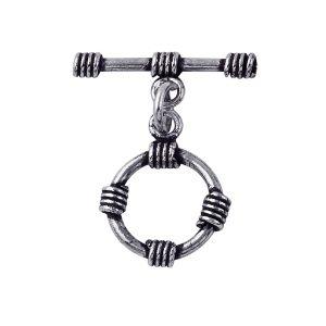 Handcrafted antique Silver Overlay toggle clasp with wrapped wire circular ring and bar, Bali jewelry closure for necklaces and bracelets.