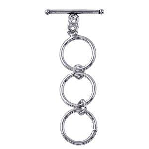 Handcrafted Antique Silver Overlay triple ring toggle clasp with sleek bar, Bali jewelry closure for necklaces and bracelets.