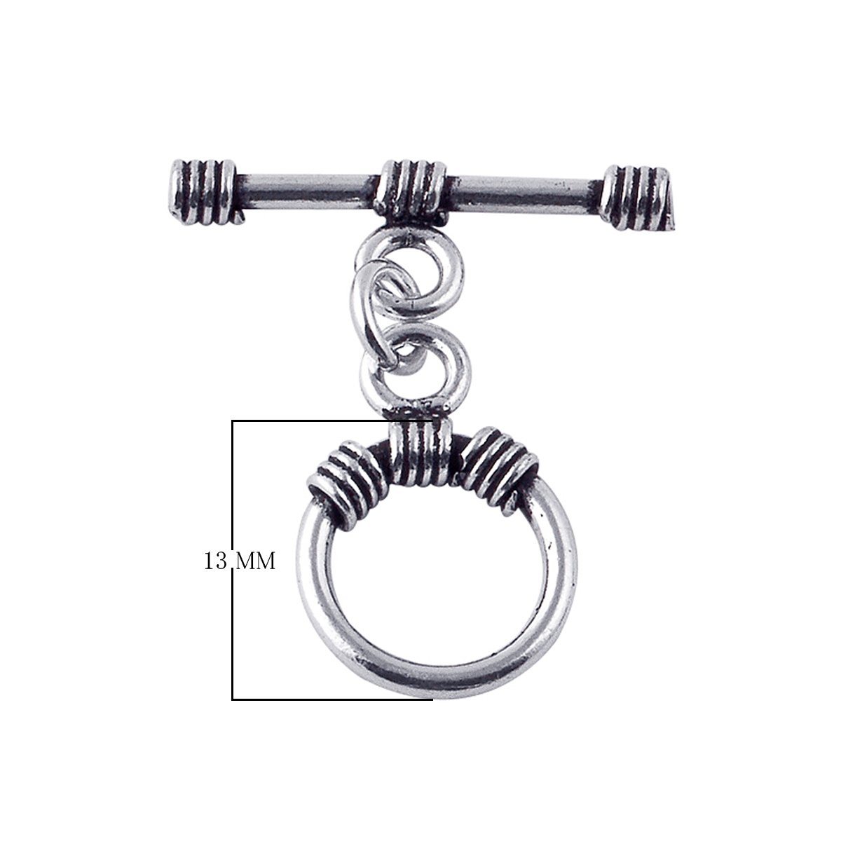 Handcrafted antique Silver Overlay toggle clasp with circular ring and wrapped wire details, Bali jewelry closure for necklaces and bracelets.