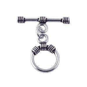 Handcrafted antique Silver Overlay toggle clasp with circular ring and wrapped wire details, Bali jewelry closure for necklaces and bracelets.