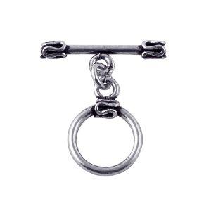 Handcrafted antique Silver Overlay toggle clasp with circular ring and folded edge detailing, Bali jewelry closure for necklaces and bracelets.