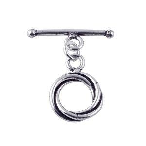 Handcrafted antique Silver Overlay toggle clasp with interlocking double rings and straight bar, Bali jewelry closure for necklaces and bracelets.