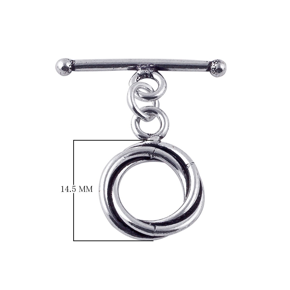 Handcrafted antique Silver Overlay toggle clasp with interlocking double rings and straight bar, Bali jewelry closure for necklaces and bracelets.