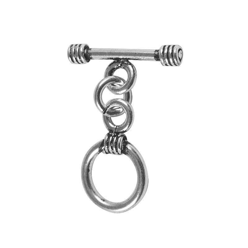Polished Silver Overlay toggle closure with coil accents, handcrafted in India for bracelets and necklaces.