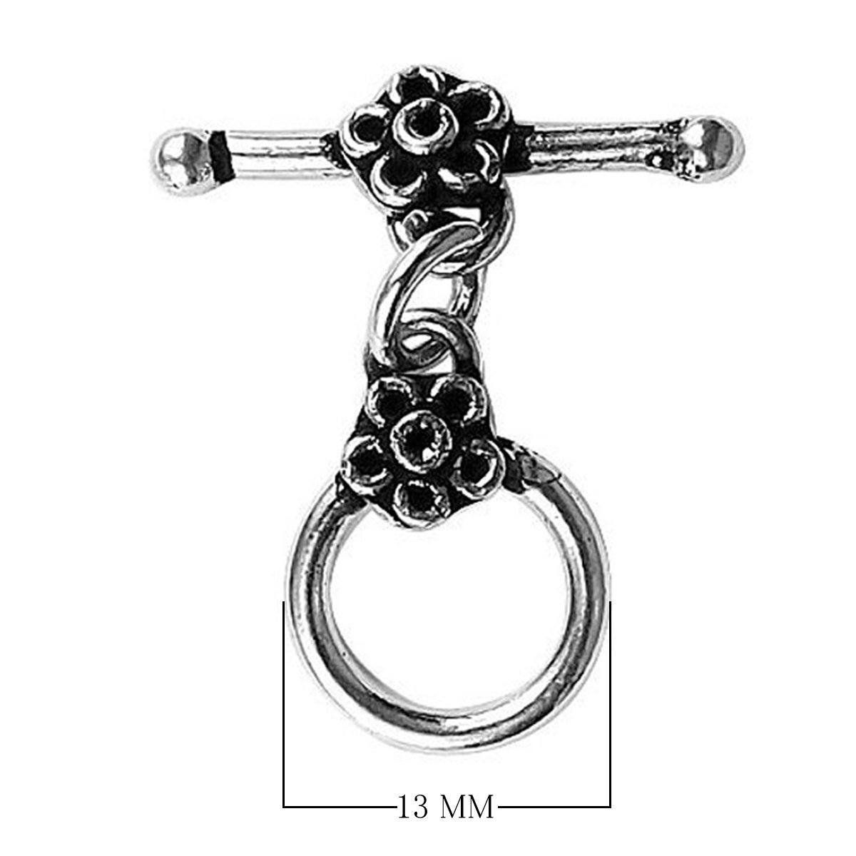 Elegant Silver Overlay floral toggle clasp with round loop and detailed flower design, perfect for necklaces and bracelets, handcrafted in India.