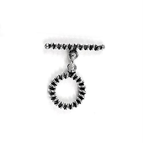 Elegant Silver Overlay textured toggle clasp with detailed circular loop and ridged bar design, perfect for necklaces and bracelets, handcrafted in India.