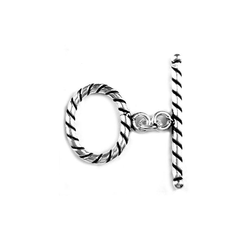 Elegant Silver Overlay rope toggle clasp with twisted circular loop and textured bar design, perfect for necklaces and bracelets, handcrafted in India.