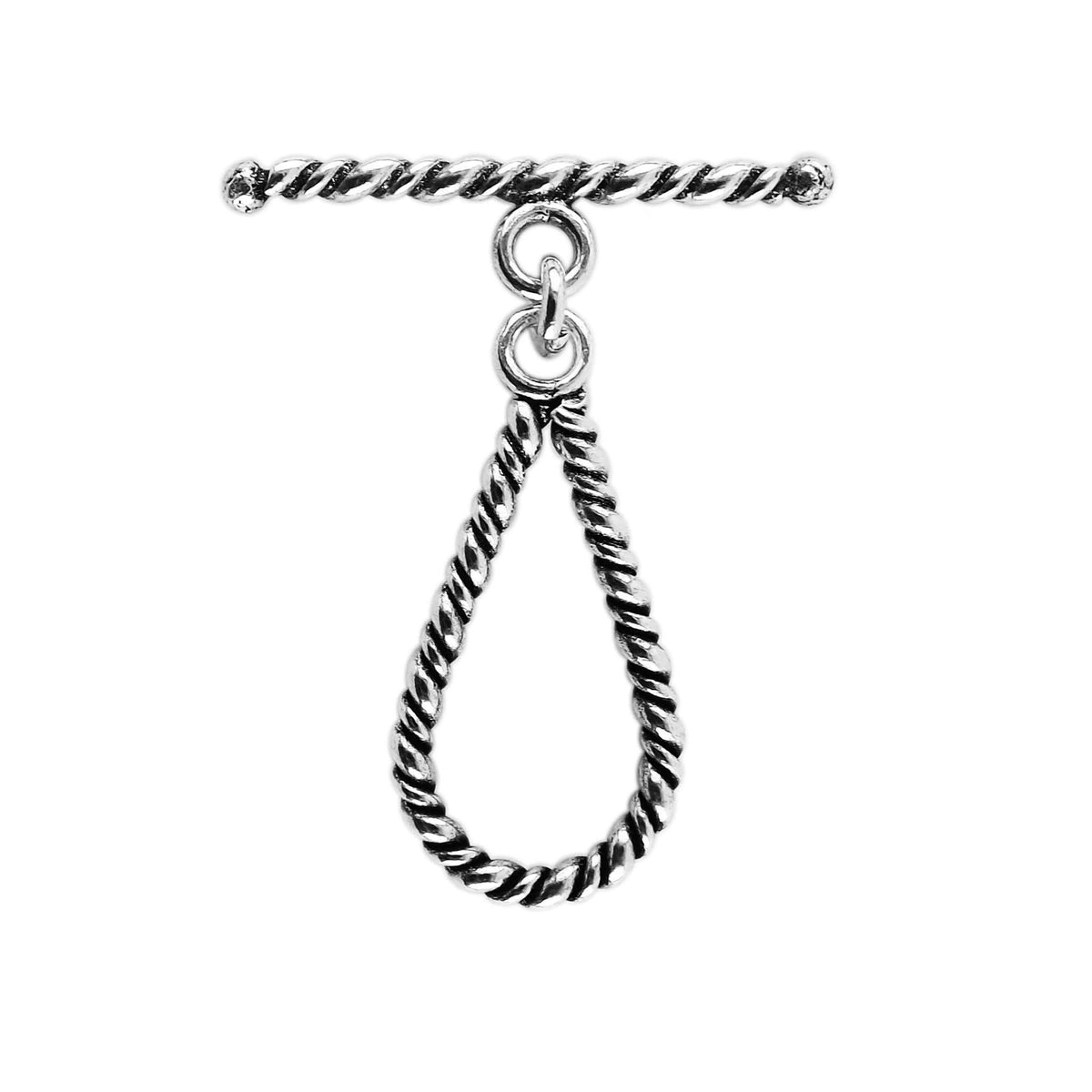 Elegant Silver Overlay teardrop rope toggle clasp with twisted loop and polished bar design, perfect for necklaces and bracelets, handcrafted in India.