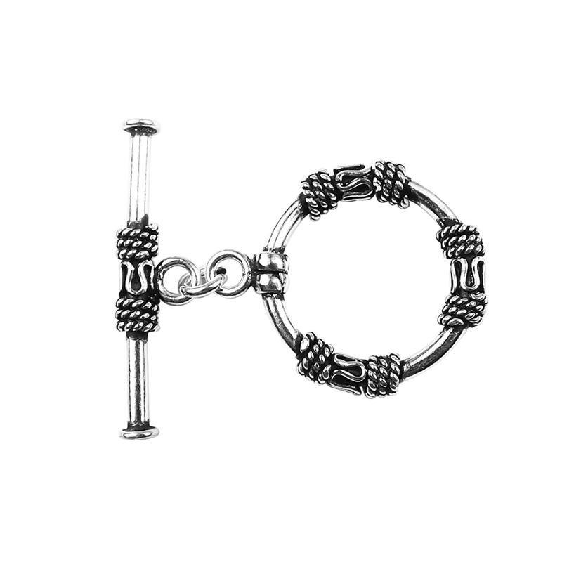 Elegant Silver Overlay ornate circular toggle clasp with rope-wrapped loop and polished bar design, perfect for necklaces and bracelets, handcrafted in India.
