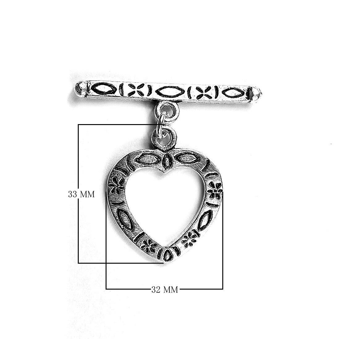 Elegant Silver Overlay floral heart toggle clasp with engraved heart-shaped loop and polished bar design, perfect for necklaces and bracelets, handcrafted in India.