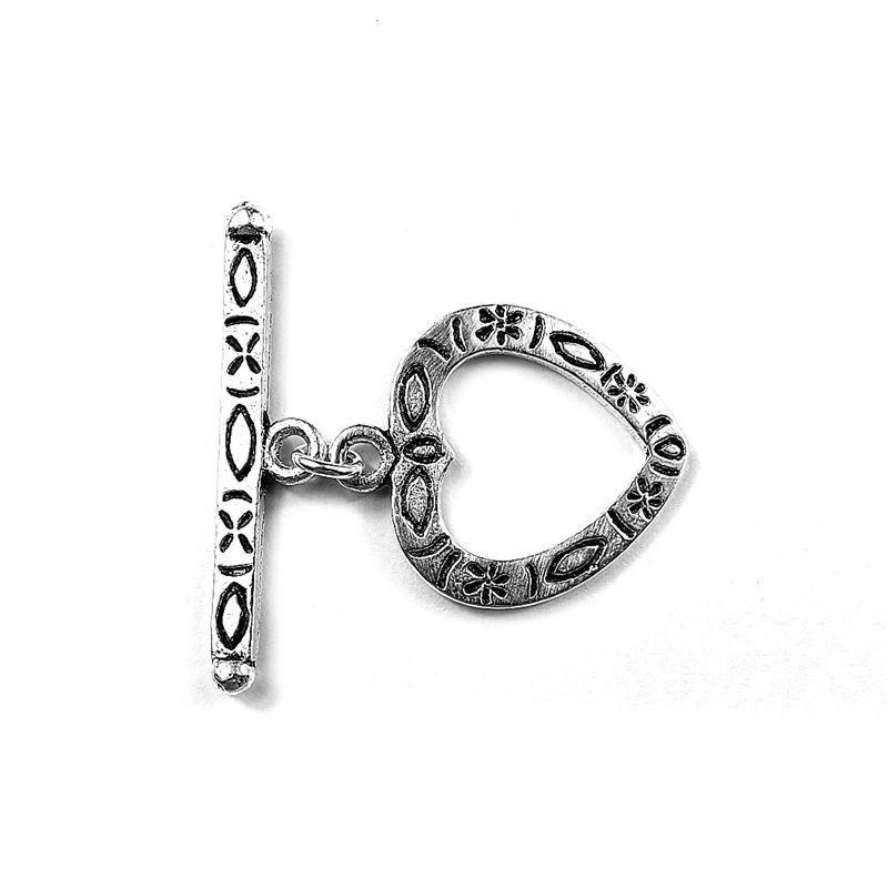 Elegant Silver Overlay floral heart toggle clasp with engraved heart-shaped loop and polished bar design, perfect for necklaces and bracelets, handcrafted in India.