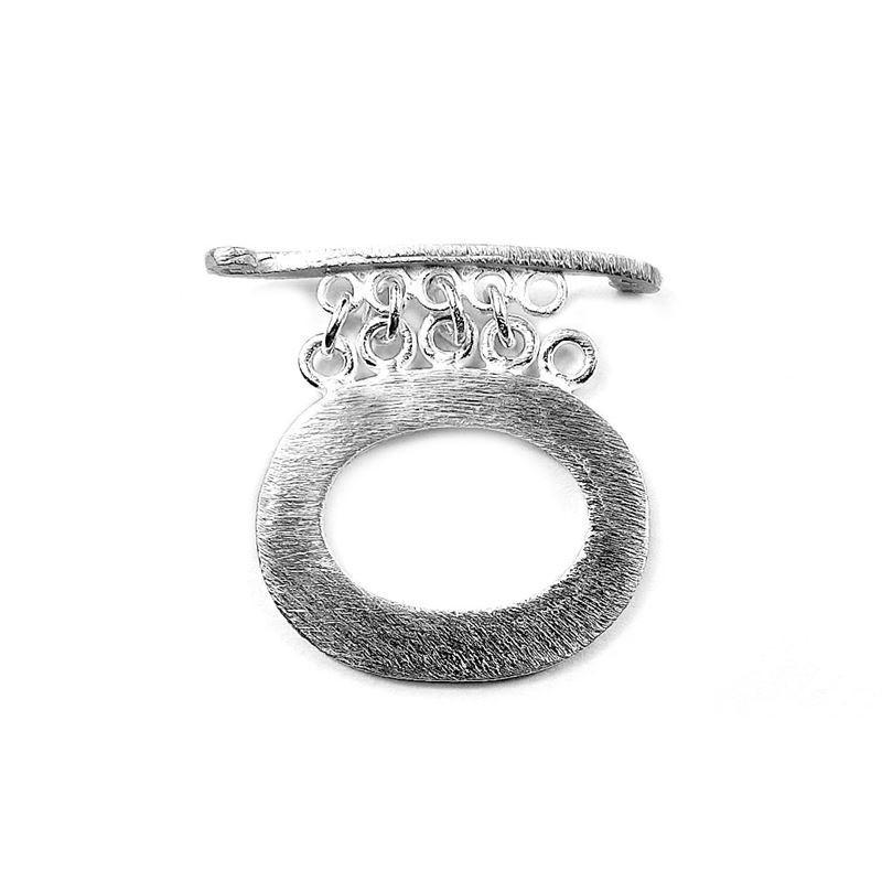Elegant Silver Overlay oval toggle clasp with brushed finish, oval loop, and multi-ring connectors, perfect for necklaces and bracelets, handcrafted in India.